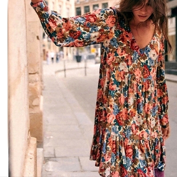 Sezane Aurena V Neck Floral Boho Long Sleeve Mini Tiered Fall FemininDress Sz 12 - Picture 1 of 12